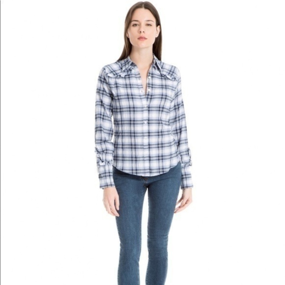 New Women’s Max Studio Ruffled Plaid Shirt